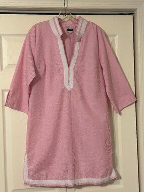 MUD PIE Sz L Pink and White Seersucker 3/4 Sleeves Swim Coverup Tunic Dress